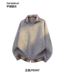 <span class=keywords><strong>Pull</strong></span> en maille ample pour homme, style décontracté, col chemise, patchwork, couleur unie, collection automne-hiver - Product Image 6