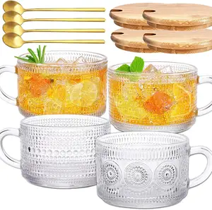 Tazas de café de vidrio vintage con asa Tazas de té en relieve transparentes con tapas de bambú y cucharas Tazas de vidrio para café, té, cereales