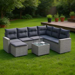 Ensemble de canapés de jardin en rotin gris, 6 places, structure en acier, plateau en verre trempé, mobilier d'extérieur contemporain - Product Image 2