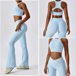 Tenues <span class=keywords><strong>de</strong></span> sport personnalisées pour femmes adultes, <span class=keywords><strong>gym</strong></span>, yoga, <span class=keywords><strong>gymnastique</strong></span>, haut court sans manches, soutien-gorge <span class=keywords><strong>de</strong></span> yoga et ensemble <span class=keywords><strong>de</strong></span> pantalon évasé - Product Image 4