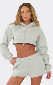 Certified Mid Rise Drawstring Waist Sweat Shorts In Grey Women Cropped Hoodies 2 Pieces Heavyweight Cotton Track Suit Factory - Product Image 2