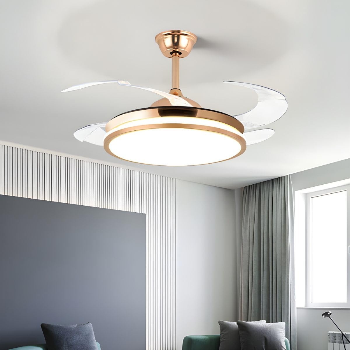 Modern Chandelier Ceiling Fan with Light Retractable Blades Gesture Control Remote 3 Color Dimmable Fan Lamp for Home Commercial