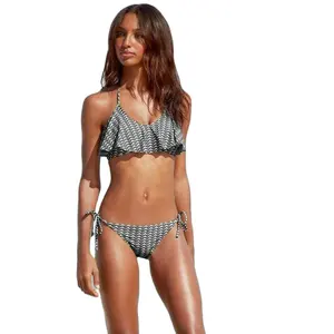 Conjunto de bikini brasileño con volantes para chicas jóvenes, traje de baño pequeño con tiras ajustables, con boleros, cintura baja