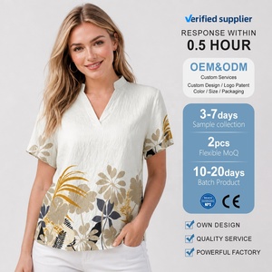 Camicetta da donna con scollo a V, maniche corte, stampa botanica sfumata, vestibilità ampia, per l'ufficio e l'uso quotidiano. - Product Image 6