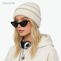 Bonnet en tricot chaud d'hiver à rayures et strass, style streetwear, cadeau de Noël, accessoire de mode tendance