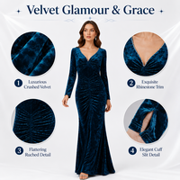 Robe de soirée sirène en velours bleu paon, taille naturelle, anti-plis, manches longues, col en V orné de strass, froncée, longueur maxi