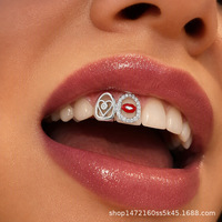 Bestseller transfrontalier Double-grillz en laiton ajouré avec zircon ovale croisé, bijoux hip-hop style urbain pour hommes