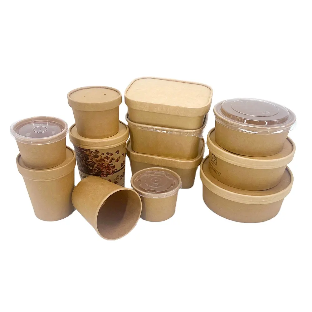 Biodegradable Take Away Food Packaging PLA Coated Food Lunch Box Kraft Paper Bowl Soup Cup Container with Lid Craft Paper Custom Recyclable
