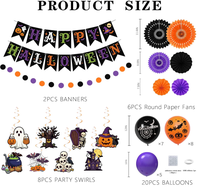 Décorations de fête d'Halloween : Guirlande de lettres suspendues, guirlande de spirales en aluminium, guirlande de points circulaires, éventails en papier, boules en nid d'abeille, ballons imprimés