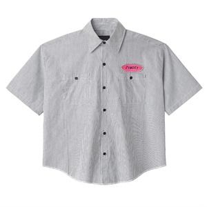 Chemises décontractées en polyester 100% avec logo personnalisé en broderie et strass, vêtements d'été, chemise à manches courtes légère personnalisée avec boutons - Product Image 1