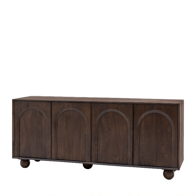 Retro 4 Doors Arched Solid Wood Sideboard Buffet Cabinet, Walnut Finish, Living Room Storage Credenza