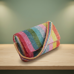 Pochette souple perlée à rayures avec fermeture magnétique, sac à main scintillant pour soirée - Product Image 2