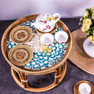 Ensemble de tables basses en rotin nacre à motifs floraux artistiques, tables d'appoint rondes pour la décoration du salon, meubles faits à la main - Product Image 6