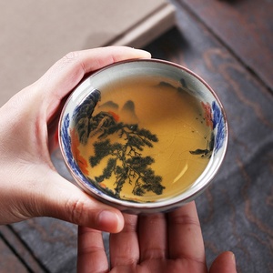 Tasse à thé Pu-erh en porcelaine bleue et blanche chinoise 120 ml, en argile de roche ancienne, motif paysager craquelé, tasse large pour le thé Gongfu - Product Image 3