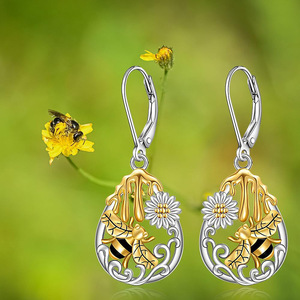 Boucles d'oreilles pendantes en forme de marguerite avec pot de miel pour femme, bijoux de mode bicolores à motif floral - Product Image 3
