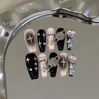Uñas Postizas Hechas a Mano de Lujo con Lazo 3D, Efecto Ojo de Gato Mauve, Reutilizables, Largas, Forma Ataúd, con Puntas Adhesivas