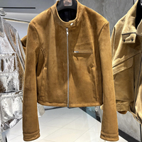Veste en cuir verni noir brillant avec fermetures éclair, col montant, en cuir d'agneau véritable, style motard, automne