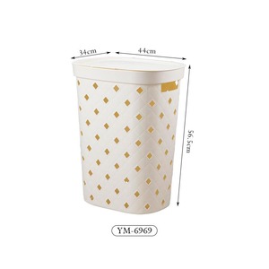Laundry <b>Basket</b> With Lid <b>Large</b> Round Storage For Balcony Bathroom Blue Gray Beige Lattice Pattern Covered - Product Image 4