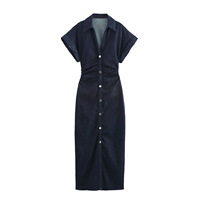 Nouvelle robe en jean décontractée à la mode, col rabattu, simple boutonnage, manches courtes, plissée, coupe ajustée, robe droite pour femme