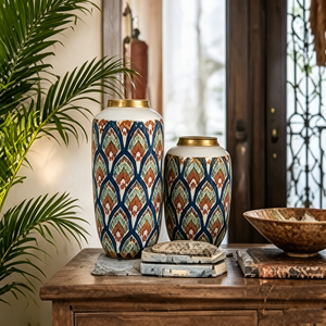 Juego de Jarrones de Cerámica <span class=keywords><strong>con</strong></span> Diseño de <span class=keywords><strong>Plumas</strong></span> de Pavo Real Bohemio, <span class=keywords><strong>con</strong></span> Borde Dorado, Decoración Floral Azul y Marrón, Par de Jarrones - Product Image 6