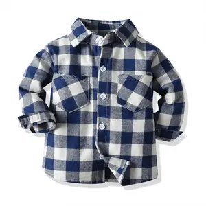 Fall And Winter New Boys Double Pocket Long Sleeve Cardigan Plaid Lapel Kids Toddler Shirts