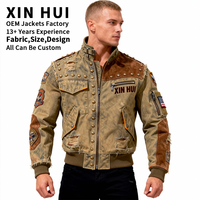 Blouson Bomber Long d'Hiver en Toile Vieillie Personnalisé pour Homme, Style Rétro Délavé, Patchwork, Écussons Cloutés, Doublure Polaire