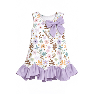 Robe sans manches en soie de lait pour filles, imprimé floral avec nœud et ourlet à volants, robe d'été décontractée pour enfants en bas âge - Product Image 4