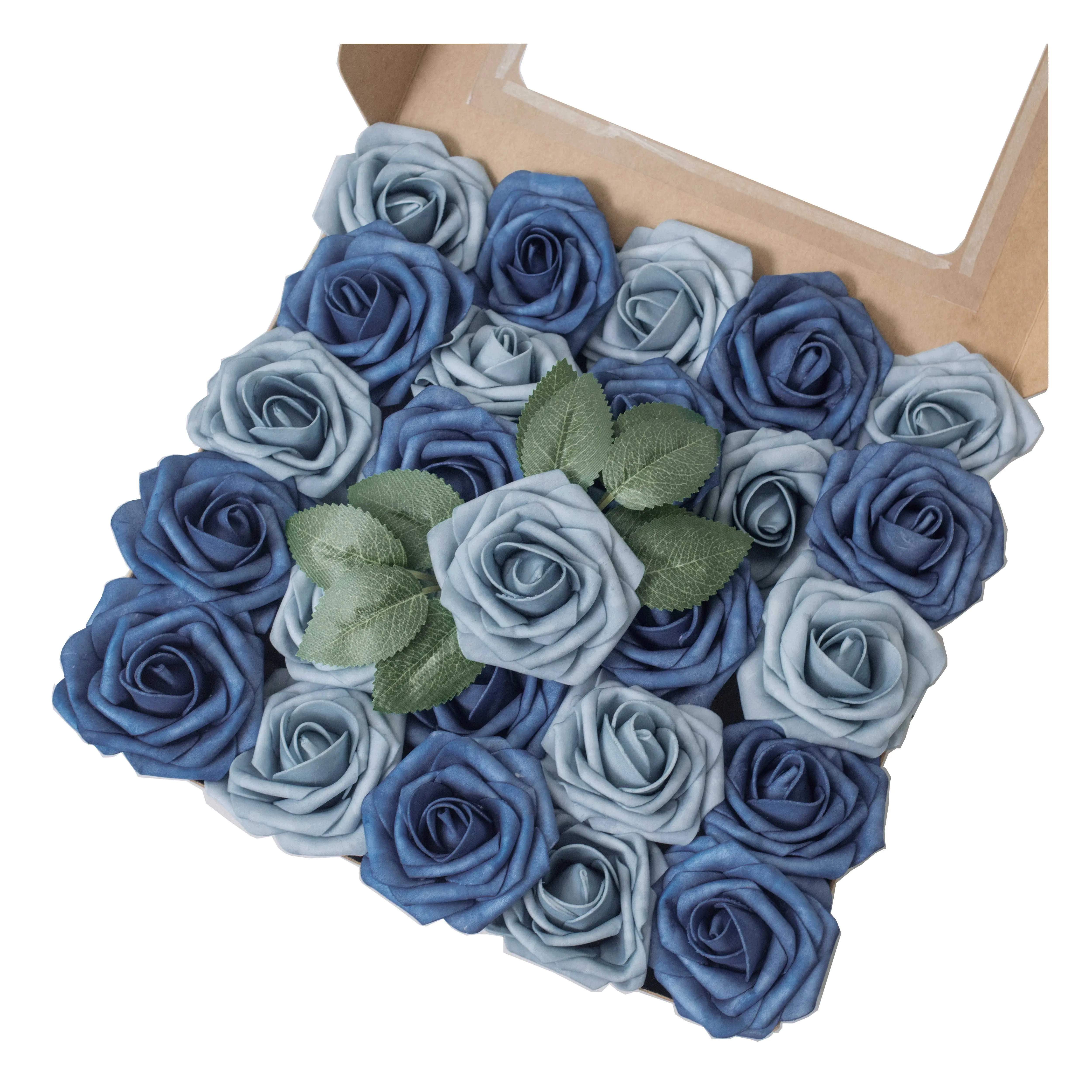 Flores de sabão em atacado, flores de sabão em espuma azul marinho rosas, cor azul dusty, buquê de casamento, decoração de casa, flores artificiais
