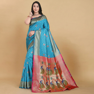 Sari de Seda Azul y Rosa con Motivo de Pavo Real, Traje Tradicional para Bodas y Diwali para Mujeres de India y Pakistán, Protección Solar - Product Image 1