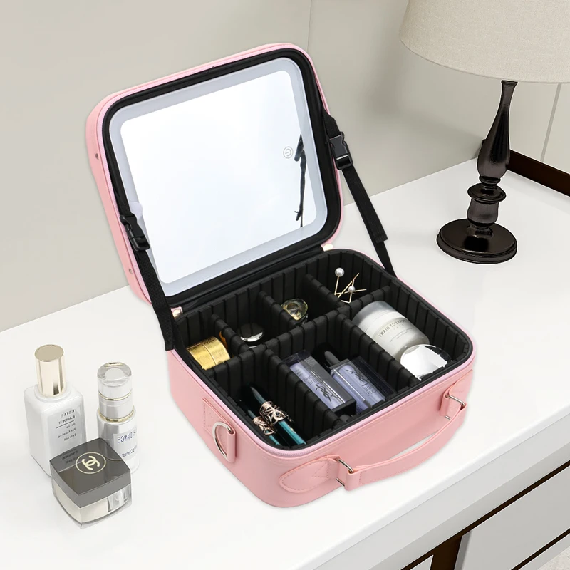 Trousse de maquillage de grande capacité avec lumières Trousse de maquillage de voyage avec miroir LED Trousse de maquillage éclairée Supports Logo personnalisé