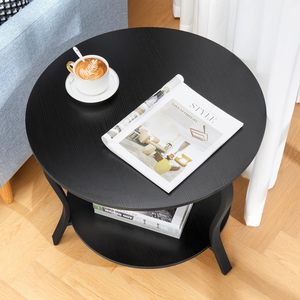 Petite <span class=keywords><strong>table</strong></span> basse à 2 niveaux avec rangement ouvert, design circulaire de <span class=keywords><strong>23</strong></span> pouces, pour salon, chambre, appartement, plateau en bois noir - Product Image 6