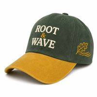 Casquette vert forêt non structurée en coton avec bord jaune moutarde, broderie en relief feuille de chêne et motif vague, pour l'extérieur
