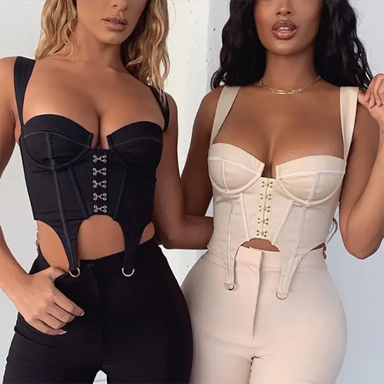 Bulk 2020 Summer Trendy Ladies Buckle Zipper Vest Tops Sexy Sleeveless Nude Black Fashion Womens Bustier Corset Top With Pad