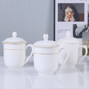 Taza de Té de Cerámica con Tapa y Borde Dorado, para Oficina, Hotel, Reutilizable, Regalo Empresarial - Product Image 3
