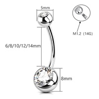 Vente en gros de bijoux de corps en titane ASTM F136 G23, anneaux de nombril à filetage externe avec zircon cubique rond, 10-12-14mm de long