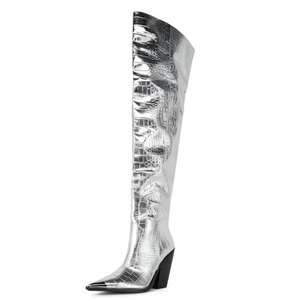 Women Silver Animal Prints Custom Styles Over Knee High <b>Boots</b> Ladies Middle Wedge Heels Shoes Metal Pointed Toe Long Booties - Product Image 2