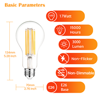 Ampoule à filament LED ultra brillante E26 120V A23 3000LM en verre sans scintillement Fonctionne avec les lampes suspendues, murales et de table Certifiée UL CUL FCC