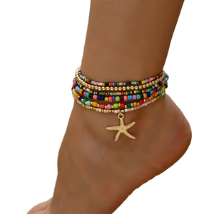 Yehhy Bohemian Juego de 7 <span class=keywords><strong>tobilleras</strong></span> elásticas, joyería para el pie multicapa y multicolor, <span class=keywords><strong>con</strong></span> cuentas de semillas de estrella de mar, apilables, dijes de playa - Product Image 1