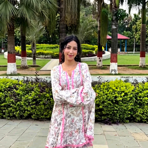 Kurta de Algodón para Mujer con Estampado Floral Digital, Corte Regular, Midi, Estilo Étnico, Cuello en V, Ribete Rosa, Informal, Tradicional, Indio, Pakistaní - Product Image 1