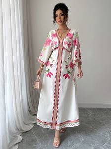 ชุดเดรสลำลองผู้หญิงแบบสั่งตัด ผ้าทอ 100% คอตตอน ระบายอากาศได้ดี ทรงปกติ เอวธรรมชาติ สำหรับฤดูใบไม้ร่วง คอตั้ง แขนสั้น ยาวแบบแม็กซี่ - Product Image 5