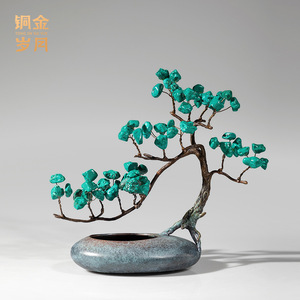 Adorno de pino de cobre y oro con piedras, arte metálico hecho a mano, florero de mesa, decoración del hogar - Product Image 4