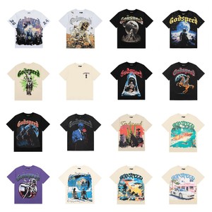 Camiseta de algodón de manga corta con estampado de calavera estilo americano Godspeed para unisex, estilo urbano oscuro de verano, 260 gramos, corte holgado - Product Image 2