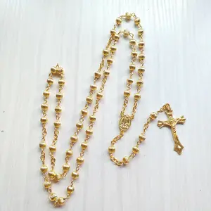6mm Hollow Metal Beads Gold Plated Mini Rosary Necklaces for Women