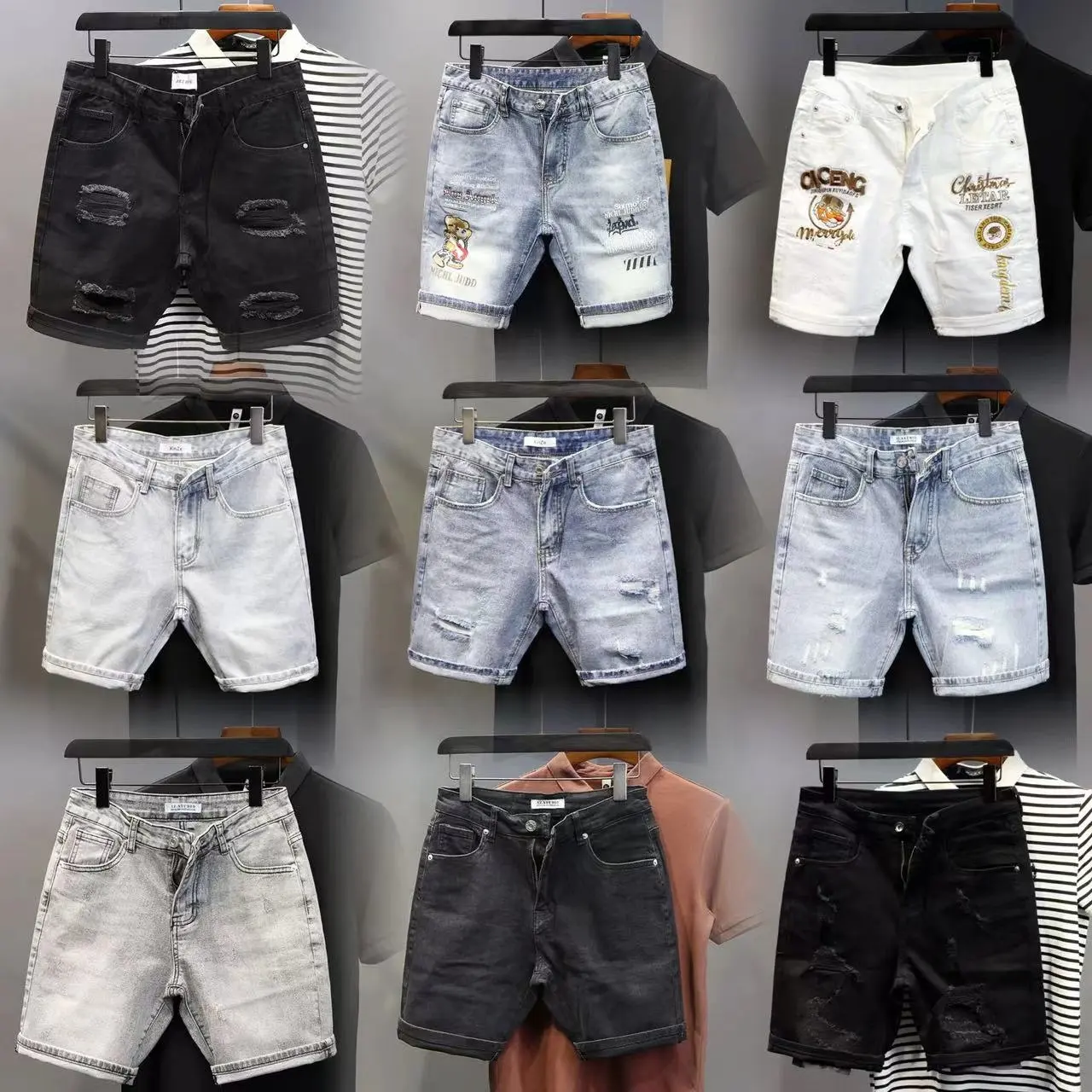 2024 High quality wholesale torn denim shorts men's hole Denim Shorts Blue men's jeans in a vintage