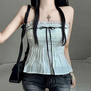Wholesale Spring Summer Women Strapless Tube <b>Top</b> Lace Bow <b>Tie</b> <b>Waist</b> Slim Fit Sweet Girl Style - Product Image 1