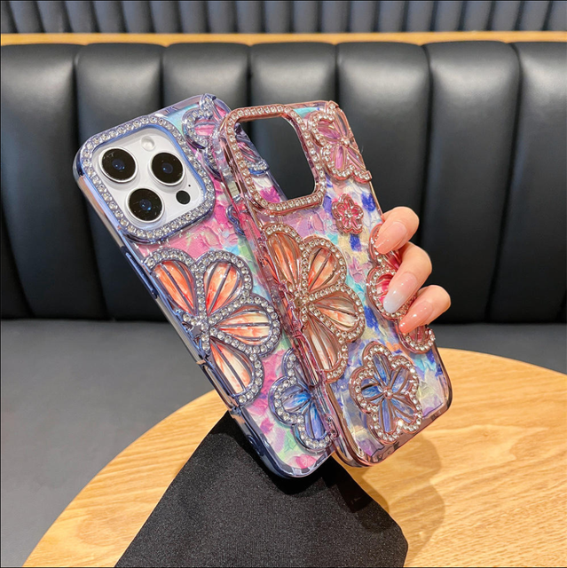 Plating Luxury Diamond-encrusted Flower Gradient Phone Case for iPhone 11 12 13 14 15 16 Pro Max Anti-fall Phone Accessories