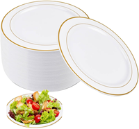 Piring Makan Bulat Plastik PS Sekali Pakai 10,25 Inci Putih Pinggiran Emas Desain Modern Bebas BPA Food-Grade untuk Pesta Pernikahan
