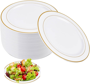Einweg-PS-Kunststoff Runde Teller 26 cm Weiß mit Goldrand Modernes Design BPA-frei Lebensmittelecht für Hochzeiten und Feiern - Product Image 1