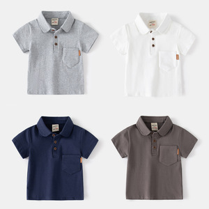<span class=keywords><strong>Polo</strong></span> tricoté décontracté à manches courtes pour garçons, haut uni pour enfants avec étiquette de poche, col rabattable tendance - Product Image 2