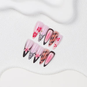 24 Pièces Faux Ongles en Forme d'Amande avec Motifs Léopard Rose et Fleurs, Style Français Élégant et Tendance - Product Image 2